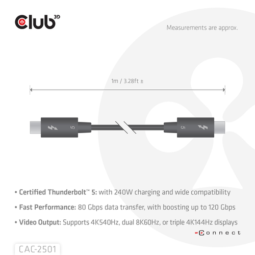 Dây cáp Thunderbolt CLUB3D CAC-2501 1 m 120 Gbit/s màu đen
