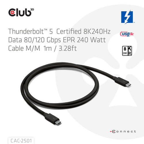 Dây cáp Thunderbolt CLUB3D CAC-2501 1 m 120 Gbit/s màu đen