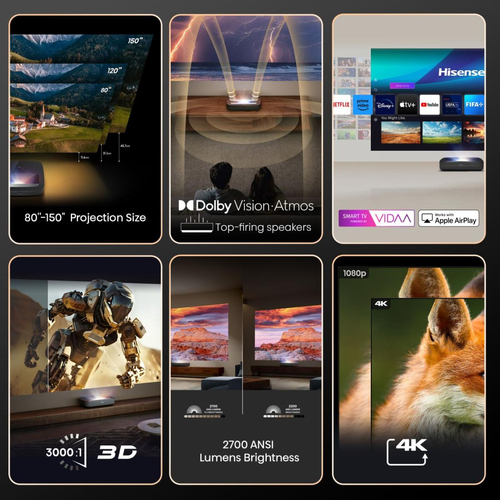 Tivi màn ảnh rộng Hisense Laser TV PL2 Máy chiếu siêu gần 2700 ANSI lumens DLP UHD 4K (3840x2160) màu đen