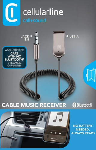 Cáp âm thanh Cellularline BLUETOOTH RECEIVER CABLE 3.5 JACK CONNECTOR AND USB-A PORT 0,15 m 3.5mm USB Type-A màu đen