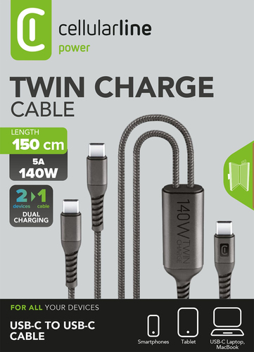 Cáp USB Cellularline USBDATATWINC2C15MK 1,5 m USB C 2 x USB C 120 W màu đen