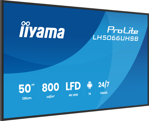 75c8a17dede2858e894508b9fc79093b689a5076.jpg Màn hình hiển thị iiyama LH5066UHSB-B1AG Màn hình chỉ dẫn kỹ thuật số 127 cm (50") LCD Wi-Fi 800 cd/m² 4K Ultra HD màu đen Bộ xử lý được tích hợp Android 24/7