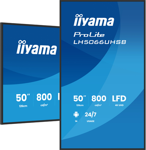 7e821ddaa95aa7ccc076b8d7627cba3dcfeff321.jpg Màn hình hiển thị iiyama LH5066UHSB-B1AG Màn hình chỉ dẫn kỹ thuật số 127 cm (50") LCD Wi-Fi 800 cd/m² 4K Ultra HD màu đen Bộ xử lý được tích hợp Android 24/7