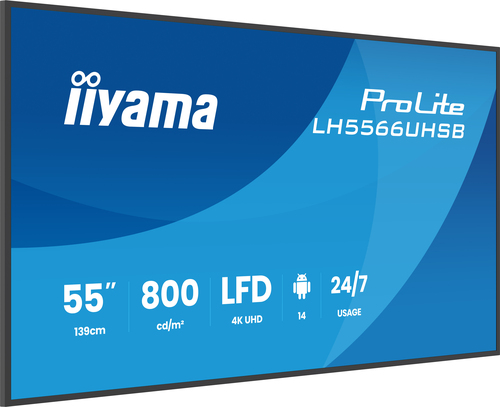 8cff608c9bad5412a3ed6936977b4057dd8cfdf3.jpg Màn hình hiển thị iiyama LH5566UHSB-B1AG Màn hình chỉ dẫn kỹ thuật số 139,7 cm (55") LCD Wi-Fi 800 cd/m² 4K Ultra HD màu đen Bộ xử lý được tích hợp Android 24/7