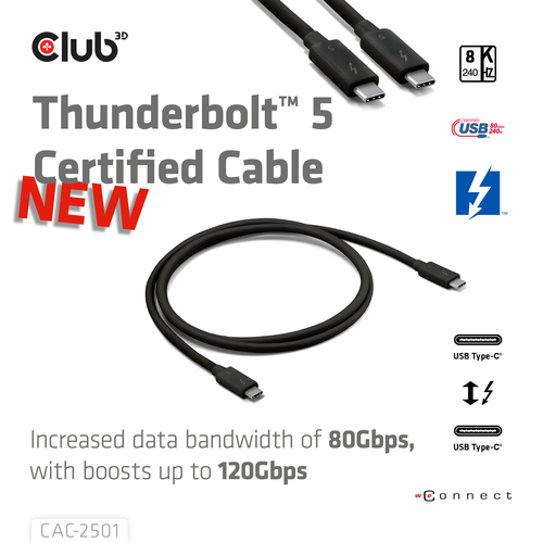 Dây cáp Thunderbolt CLUB3D CAC-2501 1 m 120 Gbit/s màu đen