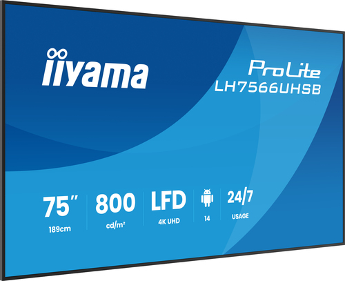 939373f59b2ae23283614e0e6a4106c29fc4785c.jpg Màn hình hiển thị iiyama LH7566UHSB-B1AG Màn hình chỉ dẫn kỹ thuật số 190,5 cm (75") LCD Wi-Fi 800 cd/m² 4K Ultra HD màu đen Bộ xử lý được tích hợp Android 24/7