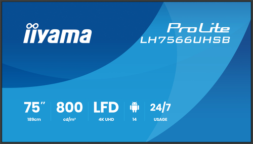 Màn hình hiển thị iiyama LH7566UHSB-B1AG Màn hình chỉ dẫn kỹ thuật số 190,5 cm (75") LCD Wi-Fi 800 cd/m² 4K Ultra HD màu đen Bộ xử lý được tích hợp Android 24/7