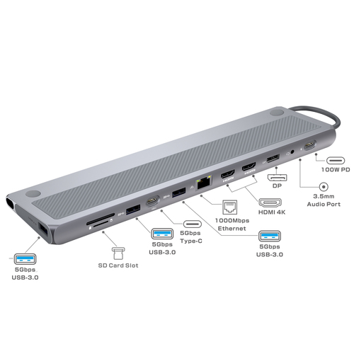 Dock & bộ mở rộng cổng laptop Ewent EW1150 Có dây USB 3.2 Gen 1 (3.1 Gen 1) Type-C Nhôm