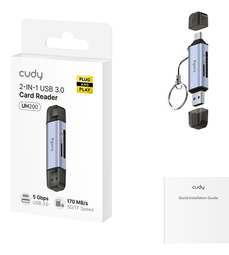 Đầu đọc thẻ Cudy USB 2.0 Type-A/Type-C màu xám, Bạc