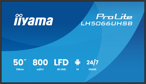 Màn hình hiển thị iiyama LH5066UHSB-B1AG Màn hình chỉ dẫn kỹ thuật số 127 cm (50") LCD Wi-Fi 800 cd/m² 4K Ultra HD màu đen Bộ xử lý được tích hợp Android 24/7