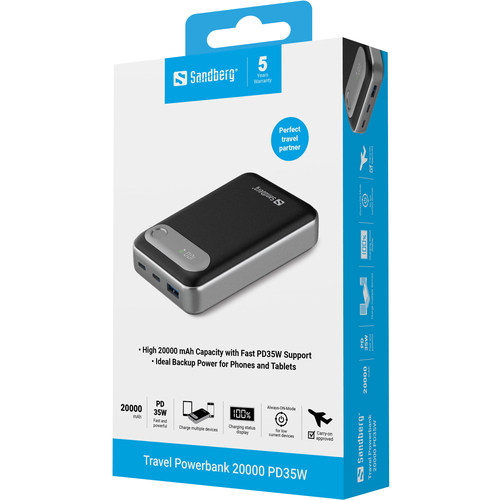 Sạc dự phòng Sandberg 421-41 Lithium Polymer (LiPo) 20000 mAh màu đen, Bạc