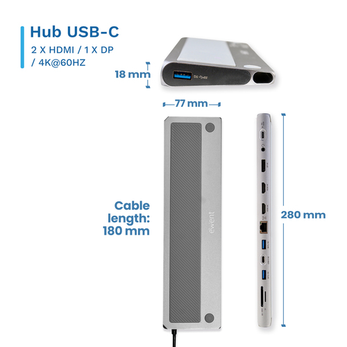 Dock & bộ mở rộng cổng laptop Ewent EW1150 Có dây USB 3.2 Gen 1 (3.1 Gen 1) Type-C Nhôm